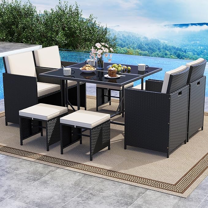 Tangkula 9 Piece Patio Dining Set, Rattan Chairs with Tempered Glass Table & Ottoman, Space Saving Wicker Sectional Conversation Set with Removable Cushions, Outdoor Furniture for Backyard Garden Deck
