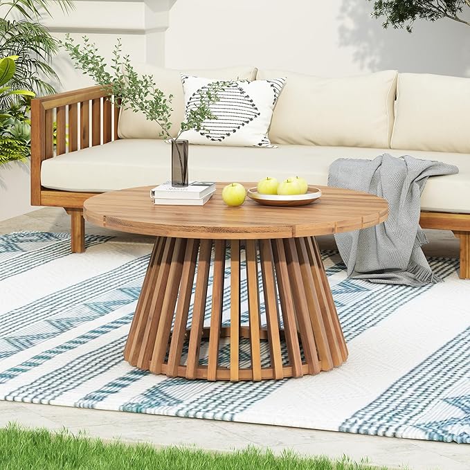 Merax Patio Outdoor Acacia Wood Round Coffee Table for Backyard, Lawn, Balcony, Easy Assemble Teak