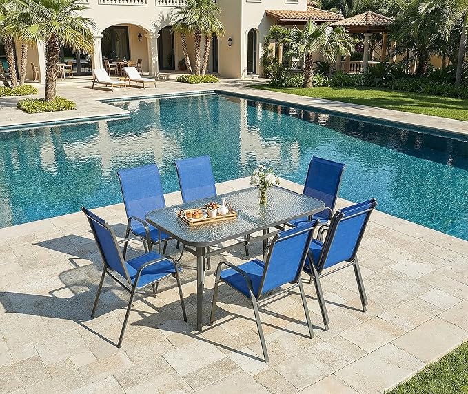 MAMIZO Patio Dining Chairs, Stackable All Weather Teslin Chair, Heavy Duty Outdoor Breathable Chairs Set, w/Armrests, Upgraded Chair FeetW/Strenthened Iron Spacers, 330 LBS (6, Navy Blue)