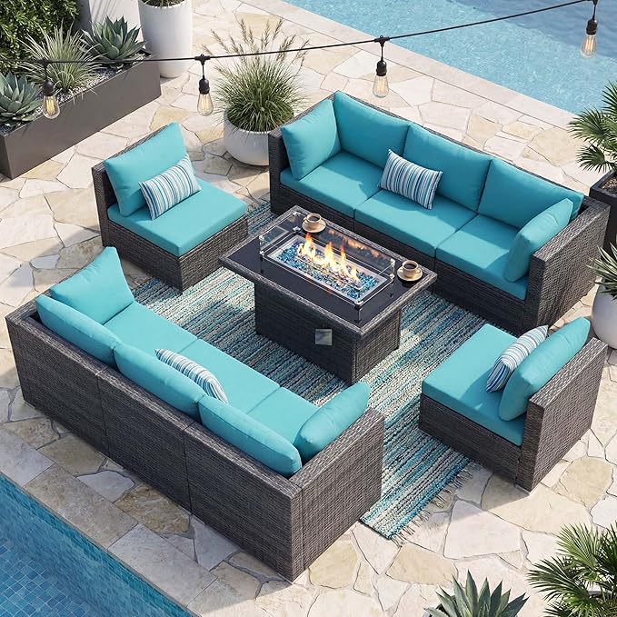 NICESOUL Extra-Large 9 Pcs Outdoor Patio Furniture Set with Fire Pit Table Natural Gas/Propane, 29.3'' High Back Deep Wide Modular Sofa Conversations with Fireplaces, 2 Color Cushion Teal Blue & Grey