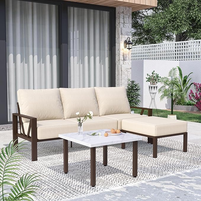 Outdoor Furniture Set, Outdoor Patio Couch Sectional with Ottoman, 3 Pieces Outdoor Patio Sofa Set Deep Seating with 6" Thick Cushions, Upgrade Beige