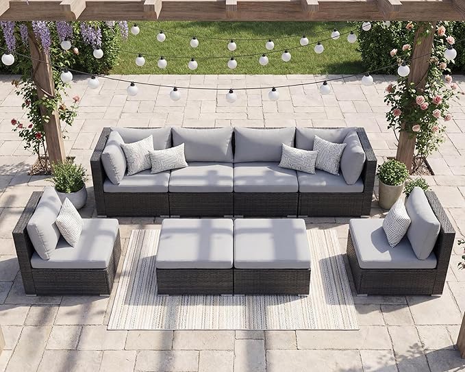 NICESOUL 8 Person Outdoor Patio Furniture Set, Extra Large Wicker Sectional Sofa with Ottoman, All-Weather Wide and Deep Seating Conversations for Outside Garden, 29.3'' High Back Comfy Couches,Grey