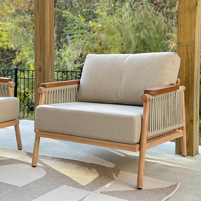Acanva Modern All-Weather Aluminum Outdoor Patio Sofa with Thick Cushions, Olefin Fabric Sunroom Backyard Furniture, Light Khaki, Armchair