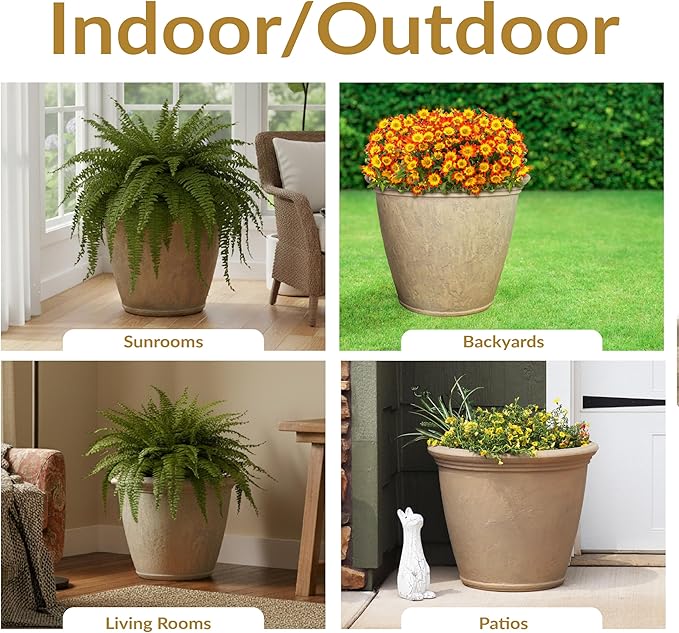 Sunnydaze 24-Inch Anjelica Large Plastic Pot for Plants - Outdoor Double-Walled Large Plastic Planter with Drillable Drainage Holes - Beige - 2pk