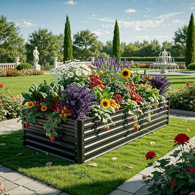 YITAHOME 6x3x2ft Large Raised Garden Bed Kit, Galvanized Metal Planter Box with Gloves, Ground Nails, Support Rod, Outdoor Above Ground Planters for Plants Vegetables Flowers, Black
