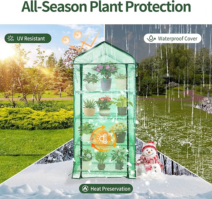 4 Tier Mini Greenhouse for Outdoor Indoor, Double-Layer Roof, Heavy Duty Small Greenhouses with PE Cover, Portable Green Houses for Outside Winter Plant Protection, 64'' H x 27'' L x 20'' W