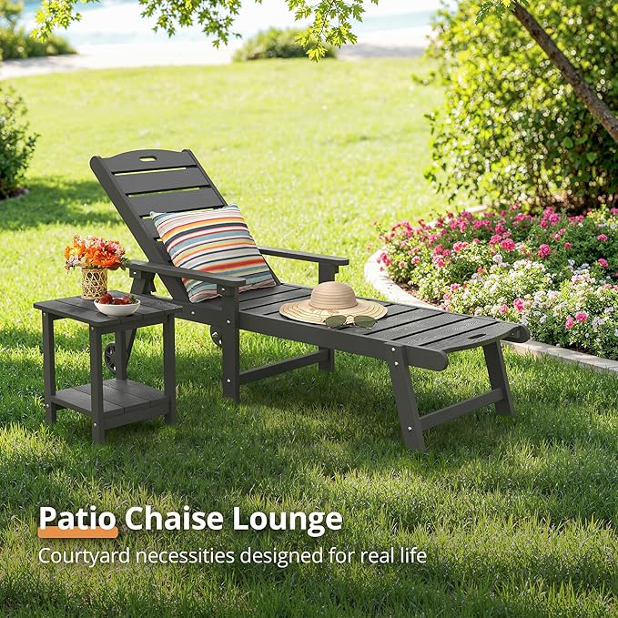LUE BONA Outdoor Chaise Lounge, HDPS Chaise Lounger, 5 Positions Adjustable Lounge Chairs, Pool Lounge Chair with Wheels for Poolside, Backyard, Dark Gray