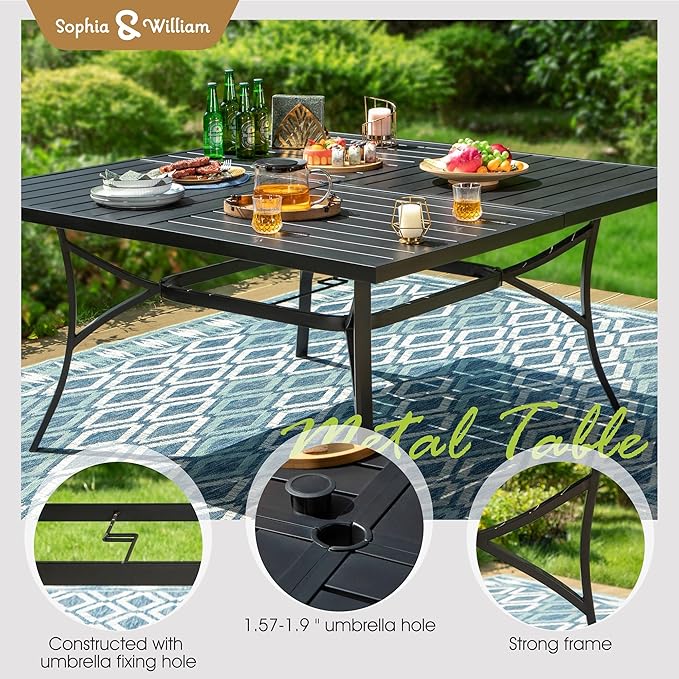 Sophia & William Patio Furniture Set Large Square Dining Table for 8 with Swivel Chairs Padded Textilene 9 Pieces Outdoor & Lawn Garden All Weather, Grayish Brown-padded Textilene, 60''