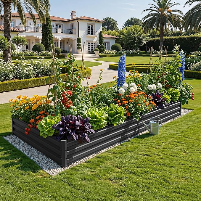 YITAHOME 8x4x1ft 2pcs Large Raised Garden Bed Kit, Galvanized Metal Planter Box with Gloves, Ground Nails & Safety Rubber, Outdoor Above Ground Planters for Plants Vegetables Flowers, Black