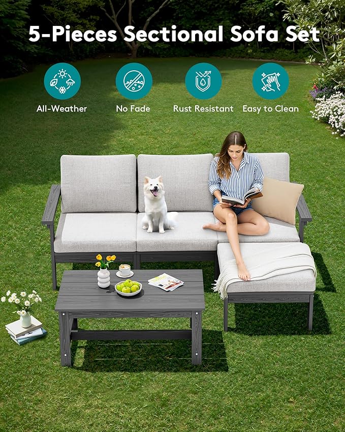 SERWALL Outdoor Sectional Sofa Set, 5-piece Outdoor Modula Couch Set with Ottoman, All Weather Patio Furniture Set with Chaise for Deck, Lawn, Gray Frame with Khaki Cushion