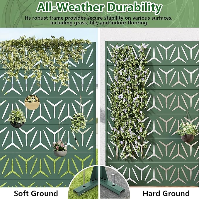 Casaphoria Metal Privacy Screen Outdoor, 72" H x 47" W Freestanding Decorative Privacy Screen for Patio Deck Balcony Garden with Stable Base, Drakgreen-Star