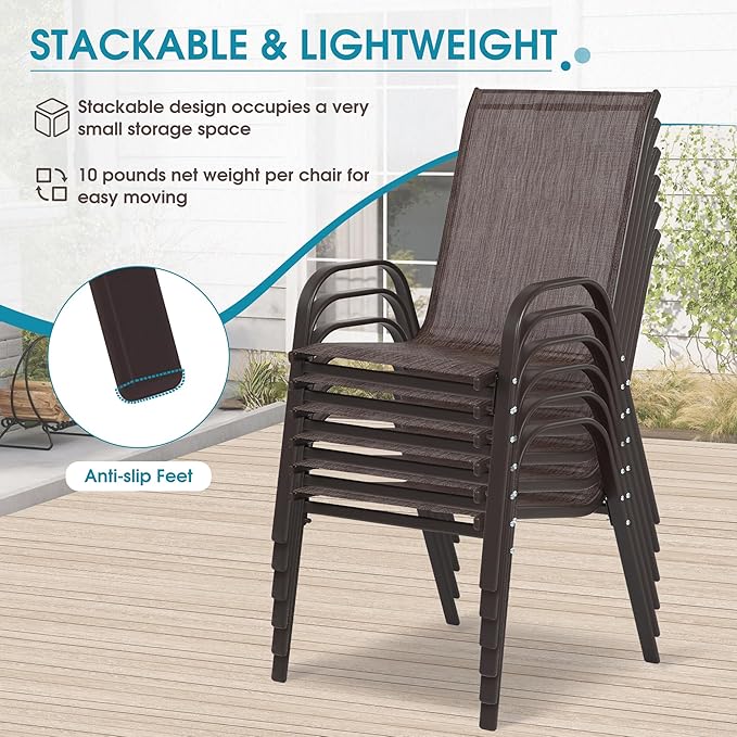 Outdoor Stackable Chairs Set of 6, Stacking Patio Chairs with Textilene Fabric, Outside Furniture for Garden Backyard Balconie Poolside Deck, Brown