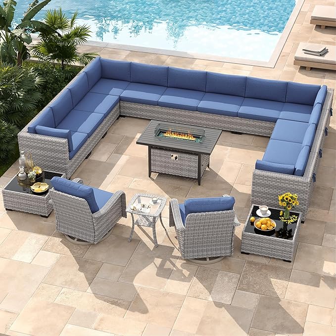14-Seat Outdoor Wicker Patio Furniture Set with Fire Pit Table, Modular Rattan Sectional Sofa & 2 Swivel Rocking Chairs, 4" Thick Cushions, Rust-Resistant Frame,Navy