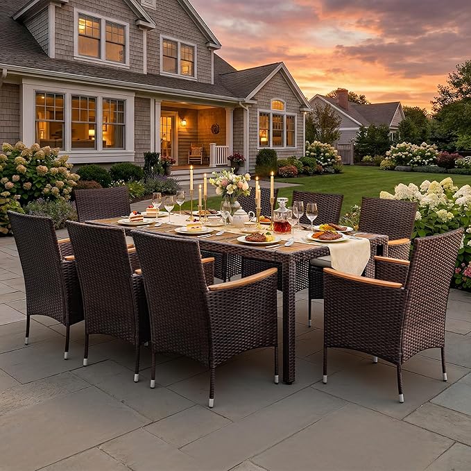 Greesum 9 Pieces Outdoor Patio Dining Set, Conversation Sets with 1 Table and 8 Rattan Chairs with Curved Acacia Wooden Armrests and Cushions, Brown