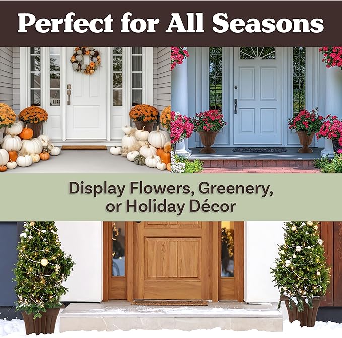 Outdoor Planter 2-Pack - 16x18-Inch Urn Planters - Plastic Plant Pots for Indoor, Outdoor, or Front Porch Decor - Flower Pots by Pure Garden (Brown)