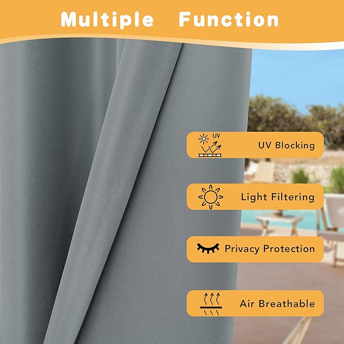 HolidayIdeas Outdoor Curtains for Patio Waterproof, 2 Panels - 84 x 95 Inch - Privacy Protection & Light Filtering Curtains Grommet Outside Curtains for Porch, Gazebo, Pergola, Backyard (Grey)