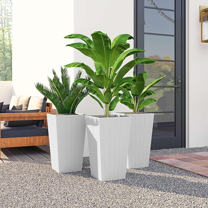 Outsunny Tall Planters for Outdoor Plants Set of 3, 24 in Taper Planters with Drainage Holes, Rattan Decor Plant Pots for Indoor Outdoor Front Porch Patio Backyard, White