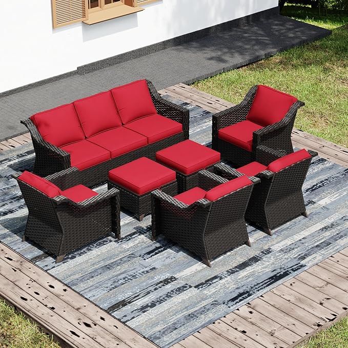 Joyside Wicker Patio Furniture Sets, 7 Pieces Upgraded Large Size Outdoor Furniture with 4 Swivel Rocking Patio Chairs, 3-Seat Sofa, Outdoor Ottoman, Thick Cushions, Wide Armrest, Red