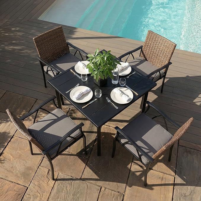 5-Piece Patio Dining Set for 4, Outdoor Dining Set with 4 Wicker Patio Dining Chairs with Cushions & 1 Black Square Woodgrain Dining Table with 1.75" Market Umbrella Hole, Black & Brown