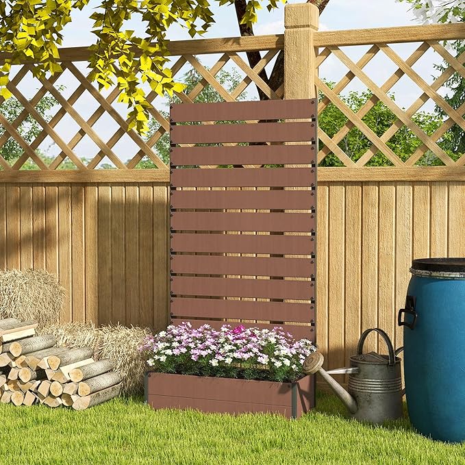 Outsunny Raised Garden Bed with Trellis for Climbing Plants, Planter Box with Self Draining Gap, Freestanding Trellis Planter for Outdoor, Patio, Deck, 35.75" x 15" x 70.75", Light Brown