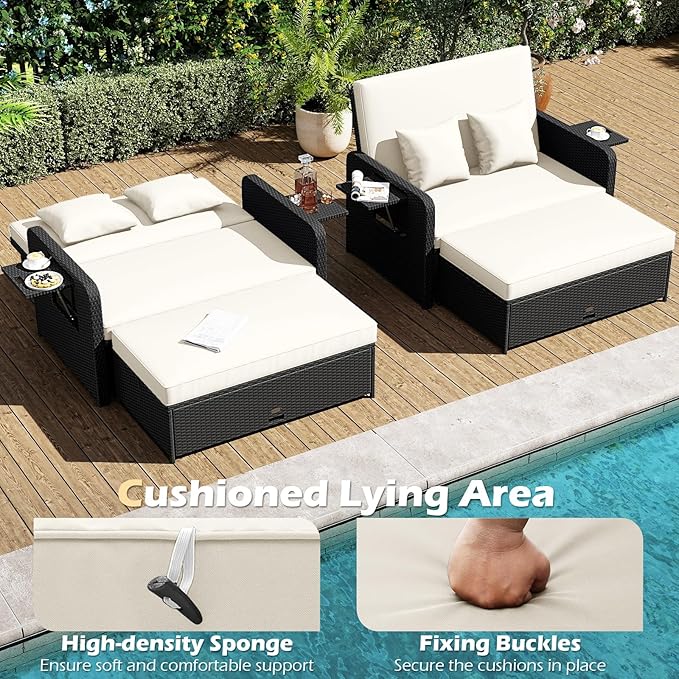 Tangkula Patio Rattan Daybed with 4-Level Adjustable Backrest, Outdoor PE Wicker Loveseat with Storage Ottoman & Folding Side Tray, Double Sunbed Lounger for Balcony, Backyard & Poolside (White)