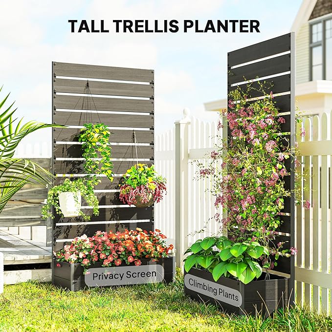 Outsunny Raised Garden Bed with Trellis for Climbing Plants, Planter Box with Self Draining Gap, Freestanding Trellis Planter for Outdoor, Patio, Deck, 35.75" x 15" x 70.75", Black