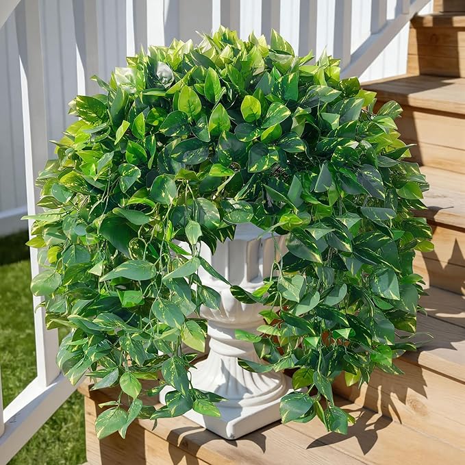 Faux Outdoor Plants Fake Hanging Plants for Outdoors Outside Decorations, 2 Pcs Green Faux Pothos Plant Vines Realistic UV Resistant Artificial Greenery for Planters Porch Garden Yard Front Door Patio
