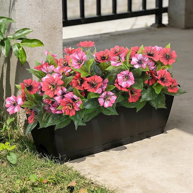 Fake Artificial Flowers for Outdoors Decoration,4 Bundles Silk Faux Spring Flowers with Plants Leave UV Resistant for Planter Front Door Porch Yard Patio Window Box Home Indoor Decor