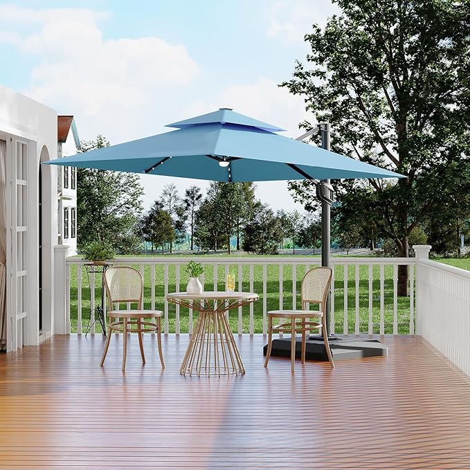 Garvee 10 ft Cantilever Patio Umbrella with Solar Lights, 360° Rotation Offset Umbrella, Easy Crank & Tilt Adjustment, UV Protection for Backyard, Poolside, Deck -Turquoise
