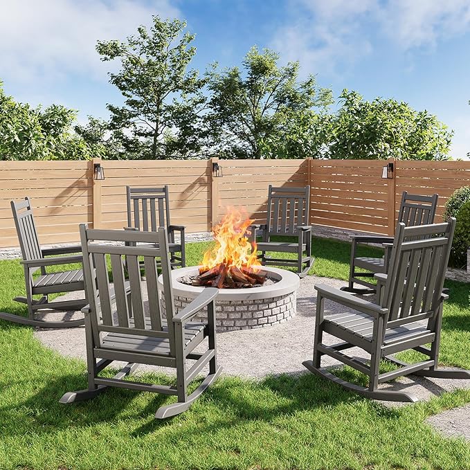 Poly Lumber Rocking Chair Outdoor Set of 6- HDPE High Back Porch Rocker Chairs for Adults - All Weather Resistant Furniture for Patio - Gray
