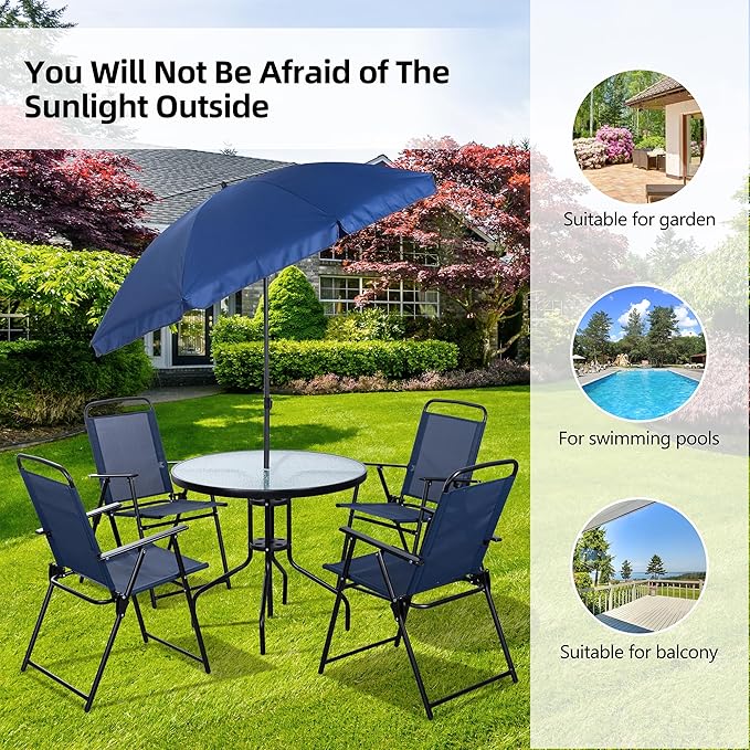 Vongrasig 6 Pieces Folding Patio Dining Set, All Weather Small Metal Outdoor Table and Chair Set, Garden Patio Furniture Set w/Umbrella, Glass Table & 4 Folding Chairs for Lawn, Backyard, Blue