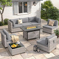 6-Seat Modern Outdoor Wicker Rattan Patio Furniture Set with 55,000 BTU Fire Pit Table, Thick 4″ Cushions, All-Weather Dual-Strand Rattan, Rust-Resistant Steel Frame,Gray