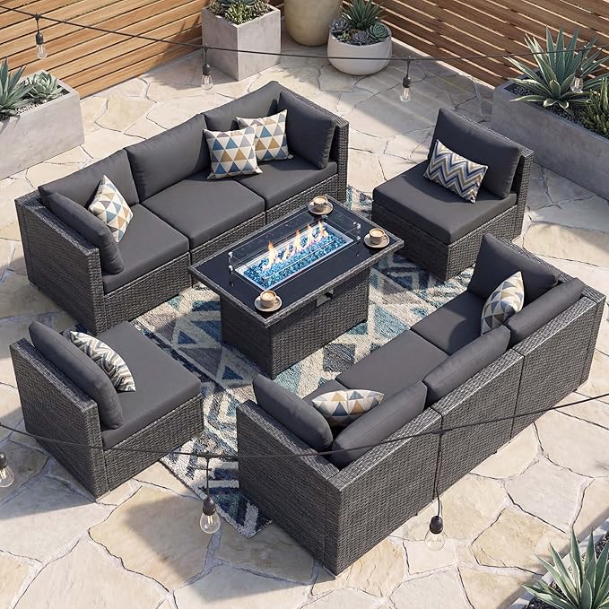 NICESOUL 9 Piece Modern Oversized Outdoor Patio Furniture Set with Firepit Table Propane/Natural Gas, 29.3'' High Back Deep Wide Conversation, Luxury 8 Seats Modular Sectional for Backyard, Gray