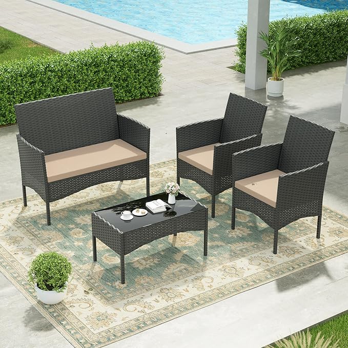 Kullavik 4 Pieces Outdoor Patio Furniture Set,PE Wicker Rattan Chairs Garden Conversation Sets with Tempered Glass Table and Soft Cushions for Lawn,Pool or Backyard,Sand