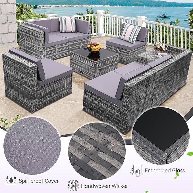 8-Piece Patio Furniture Set, Outdoor Wicker Rattan Sectional with Thick Cushions, Glass Top Table with Hidden Storage, Outdoor Conversation Set for Backyard, Porch, Patio, Light Grey