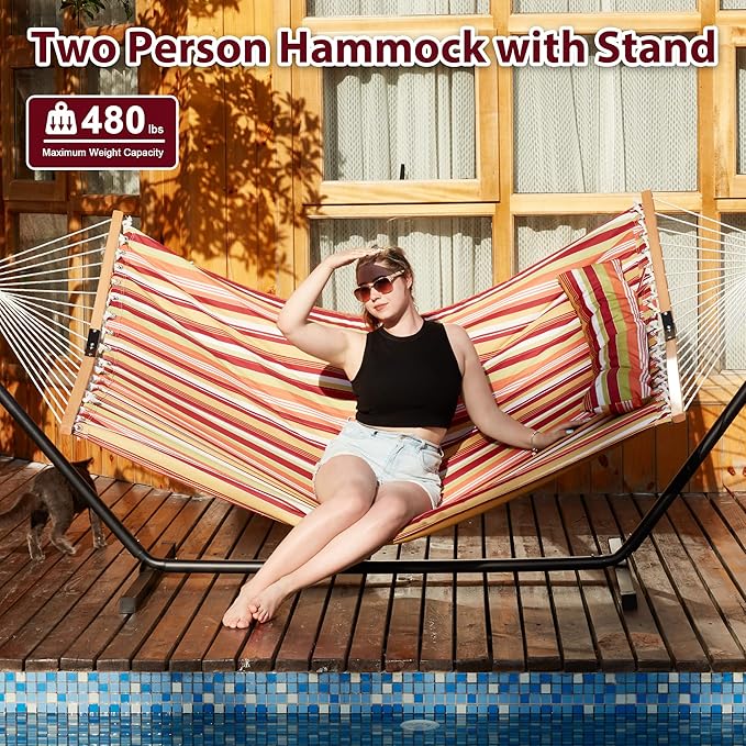 Two Person Hammock with Stand for Outside Heavy Duty, Outdoor Patio Hammock with Portable Steel Stand, Large Double Hammocks,480lbs Capacity.(Red)