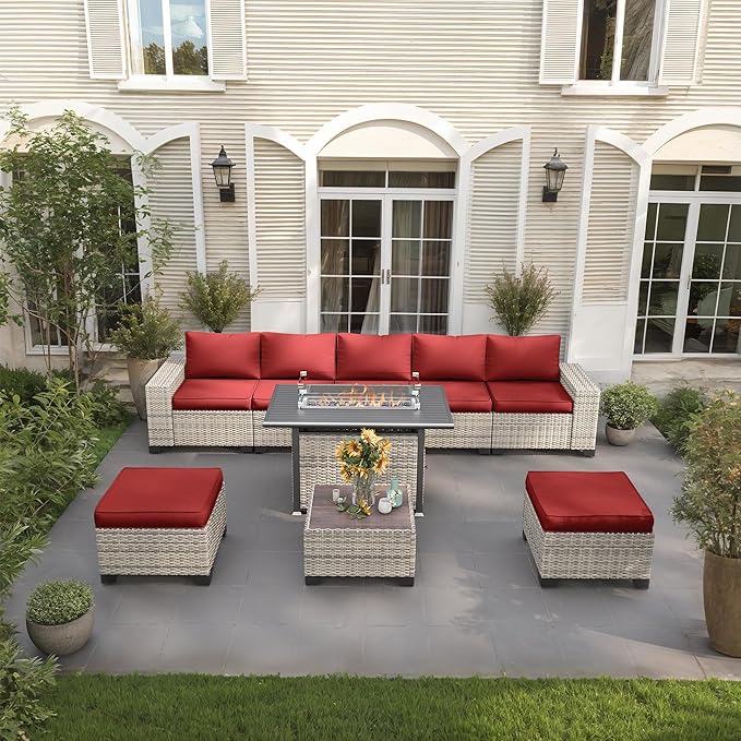 9-Piece Outdoor Patio Furniture Set with 55,000 BTU Fire Pit Table, PE Wicker Rattan Sectional Sofa Patio Conversation Set with Ottomans & Coffee Table, Red