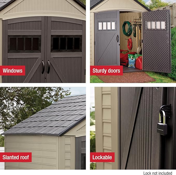 Rubbermaid Resin Outdoor Storage Shed with Floor (7 x 7 Ft) Weather Resistant, Brown Gable, Organization for Home/Backyard/Garden Tools/Lawn Mower/Bike Storage/Pool Supplies
