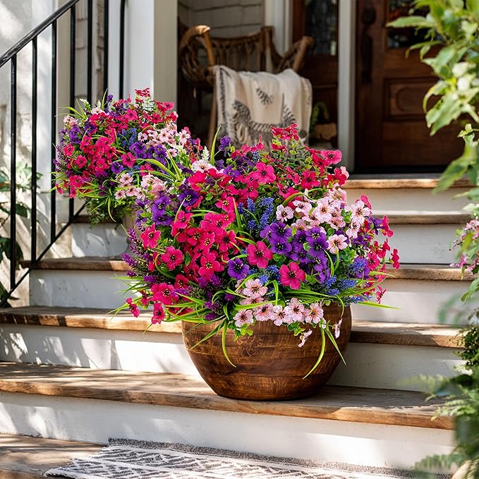 Artificial Flowers for Outdoors Fake Plants - 16 Bundles Faux Outside Greenery Boxwood No Fade Plastic Shrubs Fall Decor Farmhouse Home Garden Thanksgiving Mums (Mix White Purple Pink)