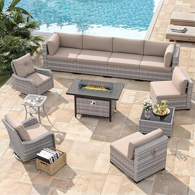 8-Seat Outdoor Wicker Patio Furniture Set with Fire Pit Table, Modular Rattan Sectional Sofa & 2 Swivel Rocking Chairs, 4" Thick Cushions, Rust-Resistant Frame,Beige