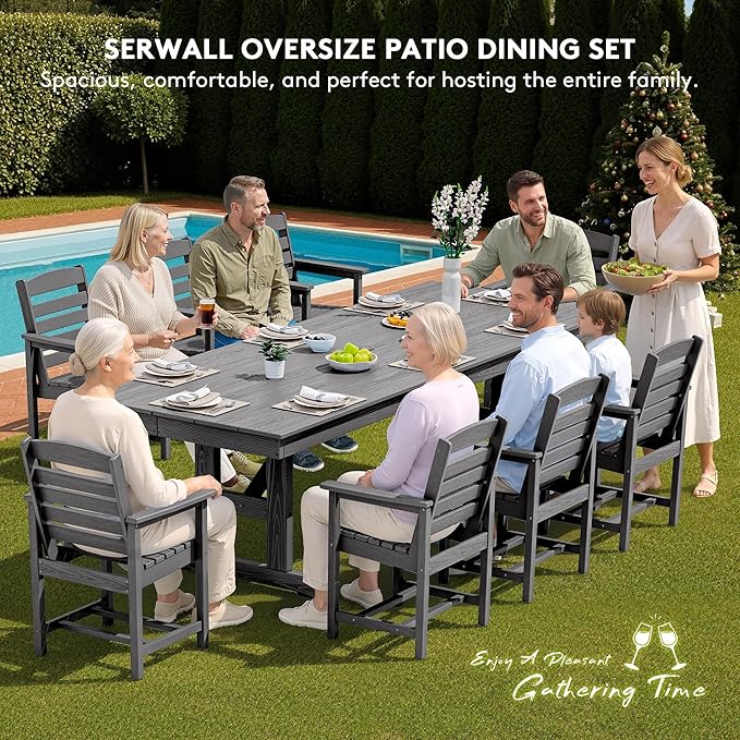 SERWALL 9 Piece Outdoor Dining Set, 84" HDPE Outdoor Table and Chairs for 8，All Weather Patio Furniture Set with Umbrella Hole for Backyard, Garden, Gray