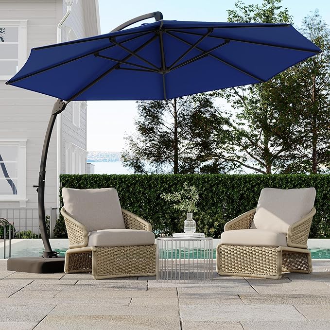 GarveeLife 11FT Cantilever Patio Umbrella With Base Included, Cantilevers Outdoor Umbrella Heavy Duty Offset, Aluminium Curved Cantilever Umbrella