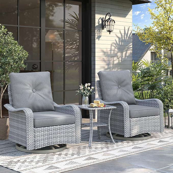2-Seat Modern Patio Furniture Set with Swivel Rocking Chairs, Thick 4″ Cushions, Dual-Strand Wicker Rattan, Rust-Resistant Steel Frame – Outdoor Conversation & Modular Sectional,Gray