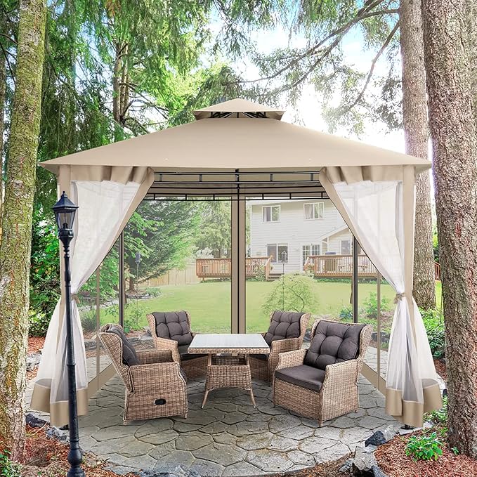 COBIZI Gazebo 10x10 Heavy Duty Gazebos with Improved Nettings Outdoor Gazebo Double Roof Patio Gazebos with Metal Steel Frame Outdoor Canopy for Patio, Deck, Backyard (Khaki)