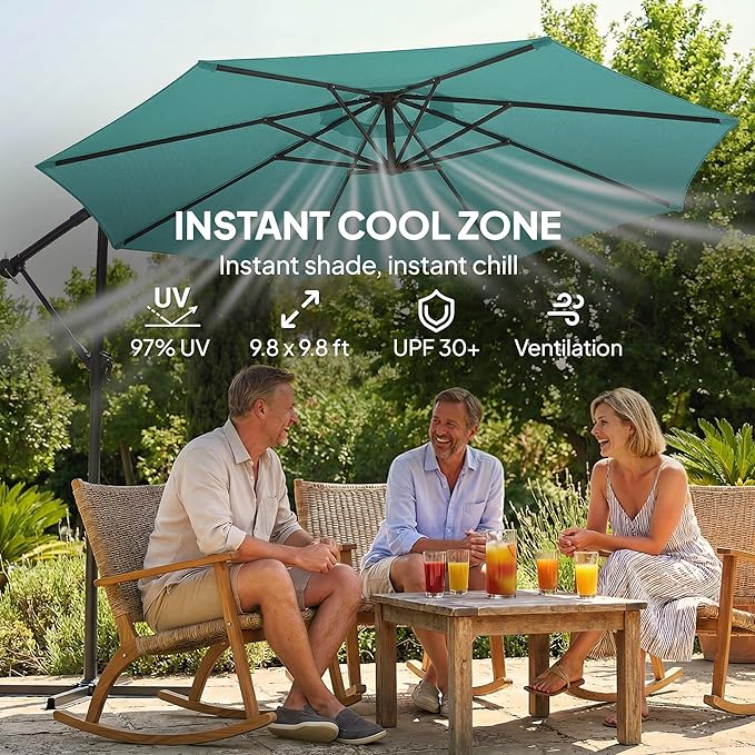 Outsunny 10 ft Offset Patio Umbrella with Cover, Round Hanging Cantilever Umbrella with 6-Position 360° Rotation, Crank Handle, Tilt, Cross Base, Heavy Duty Outdoor Umbrella for Garden