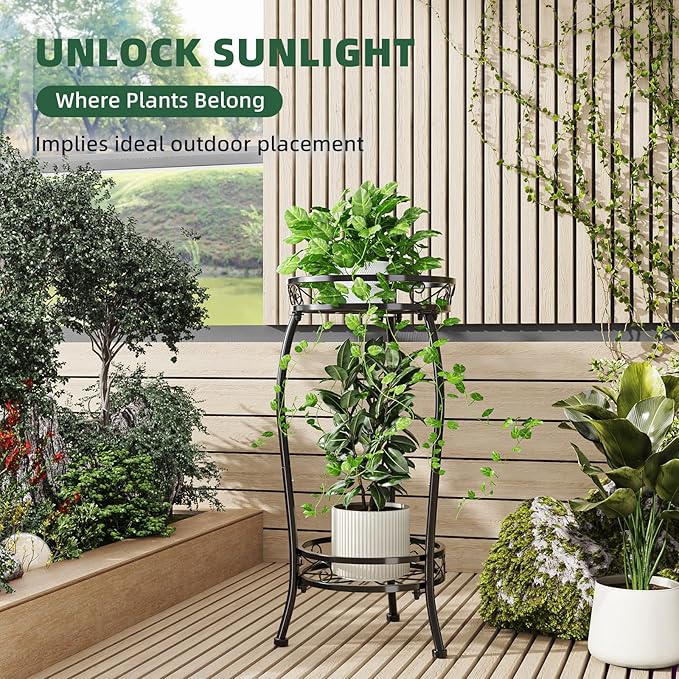 Simple Trending Plant Stand Indoor Outdoor, Tall Round Plant Shelf, 2 Tiers Metal Flower Pot Holder Stand Heavy Duty, for Garden, Balcony, Black