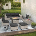 9-Piece Outdoor Patio Furniture Set with 55,000 BTU Fire Pit Table, PE Wicker Rattan Sectional Sofa Patio Conversation Set with Ottomans & Coffee Table, Dark Grey