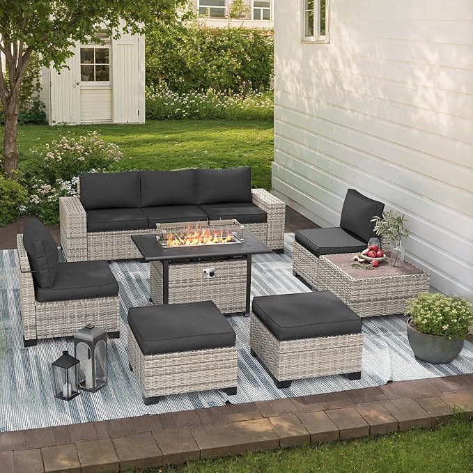 9-Piece Outdoor Patio Furniture Set with 55,000 BTU Fire Pit Table, PE Wicker Rattan Sectional Sofa Patio Conversation Set with Ottomans & Coffee Table, Dark Grey