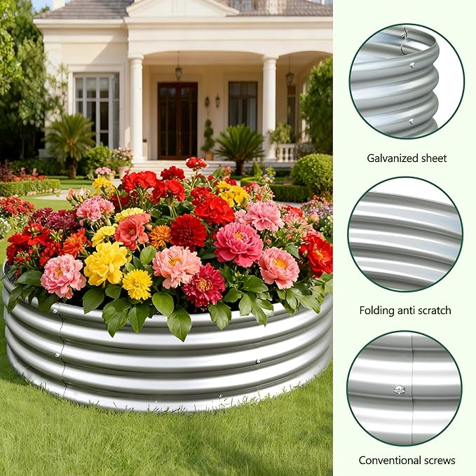4x4x1ft(2 Pack) Galvanized Round Raised Garden Bed,Outdoor Planter Box Metal Patio Kit Planting Bed for Vegetables Flowers Herb,Silver