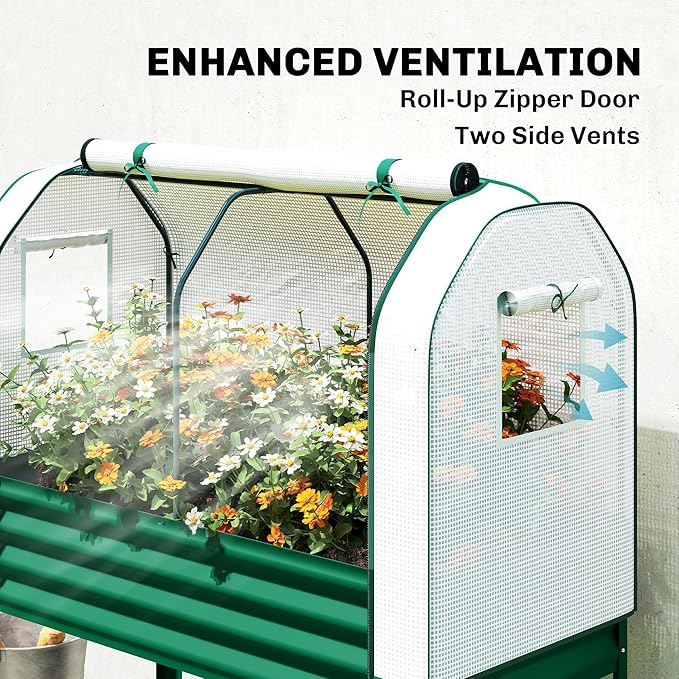 Outsunny Galvanised Raised Garden Bed with Greenhouse Cover, Metal Elevated Garden Bed with Legs, Bed Liner and Bottom Shelf, Outdoor Raised Planter Box for Vegetables, Herbs, Flowers, Green